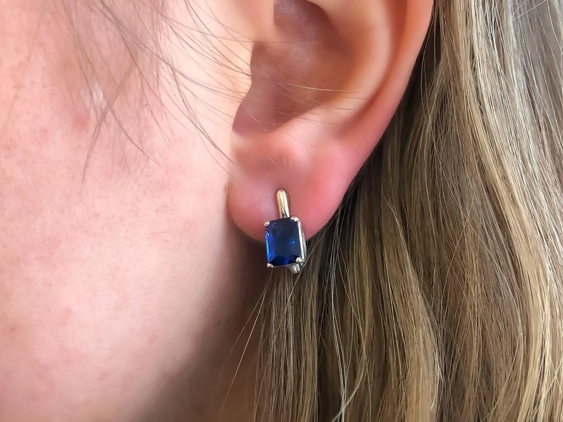 Square Sapphire Earrings - Blue Square Studs - Vintage Drop Earrings