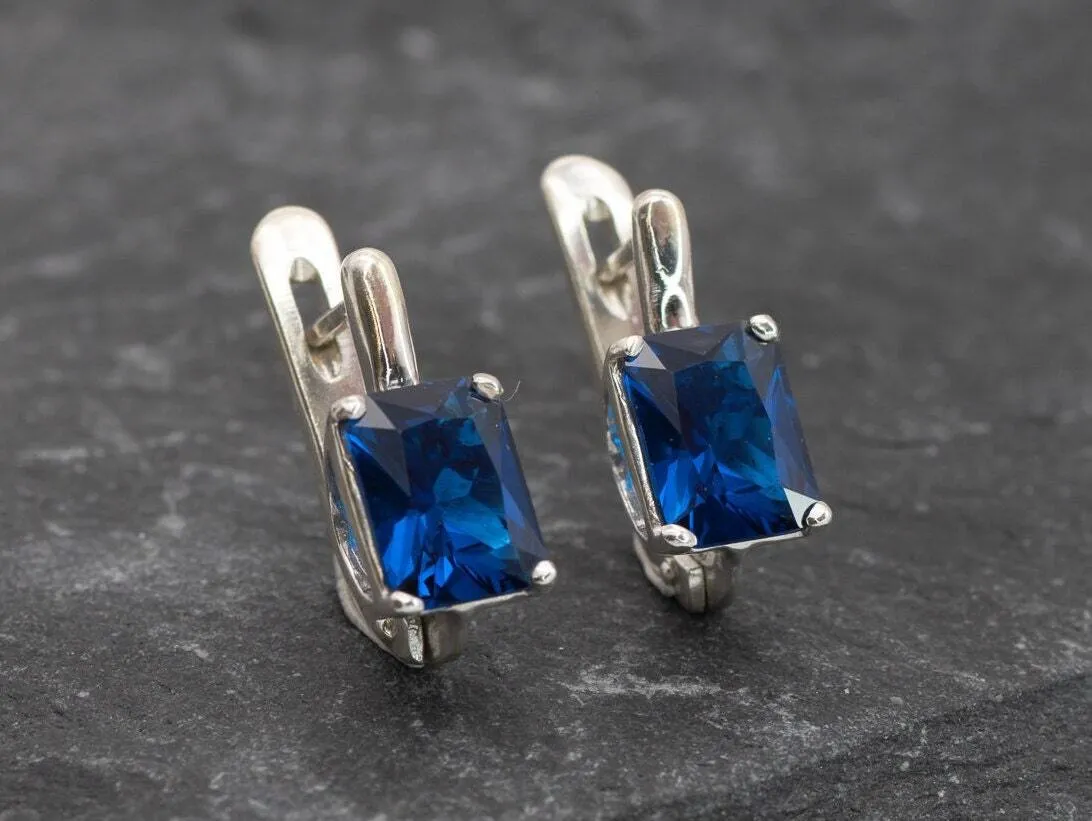 Square Sapphire Earrings - Blue Square Studs - Vintage Drop Earrings