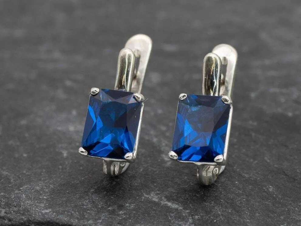 Square Sapphire Earrings - Blue Square Studs - Vintage Drop Earrings