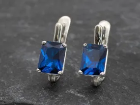 Square Sapphire Earrings - Blue Square Studs - Vintage Drop Earrings