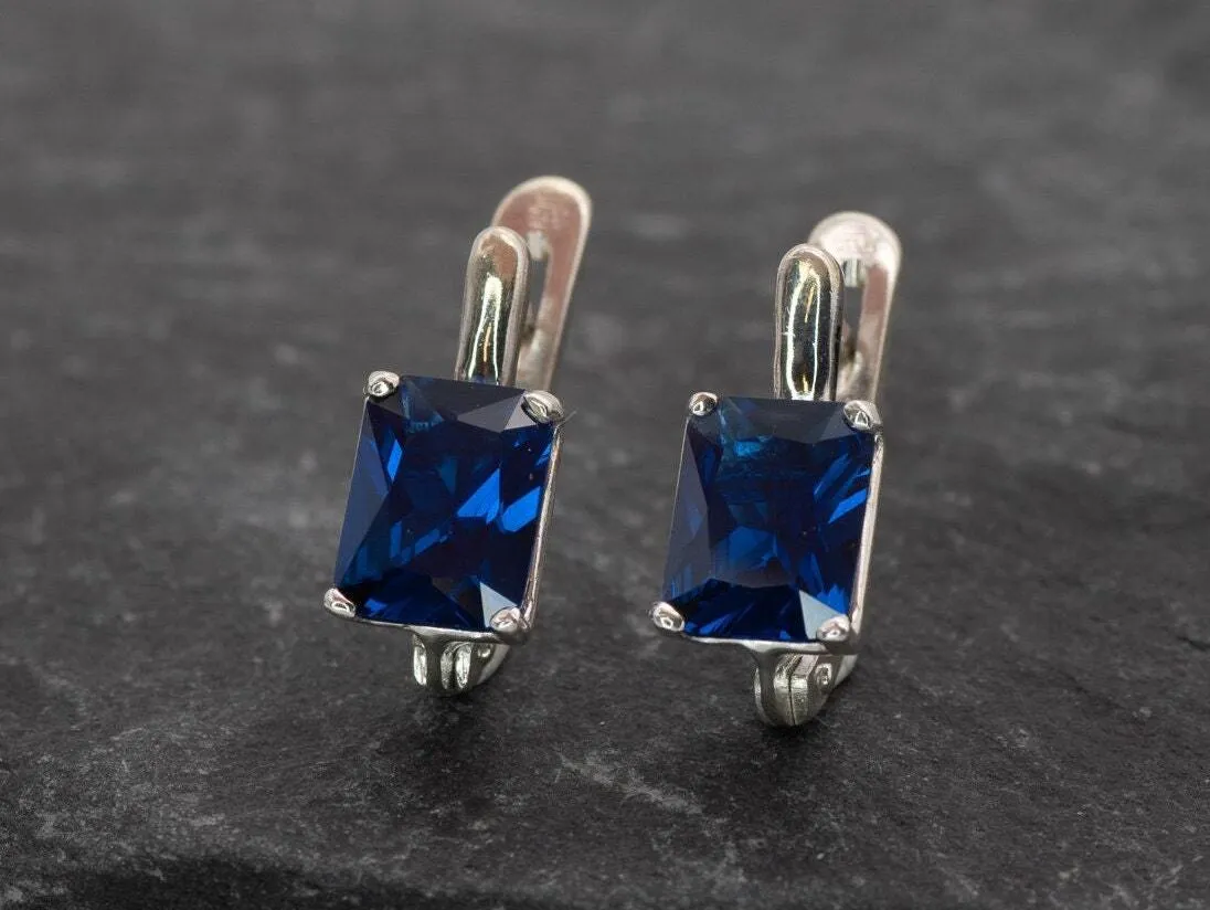 Square Sapphire Earrings - Blue Square Studs - Vintage Drop Earrings