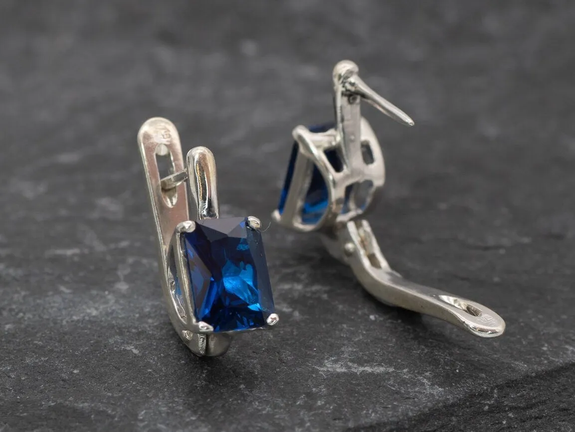 Square Sapphire Earrings - Blue Square Studs - Vintage Drop Earrings
