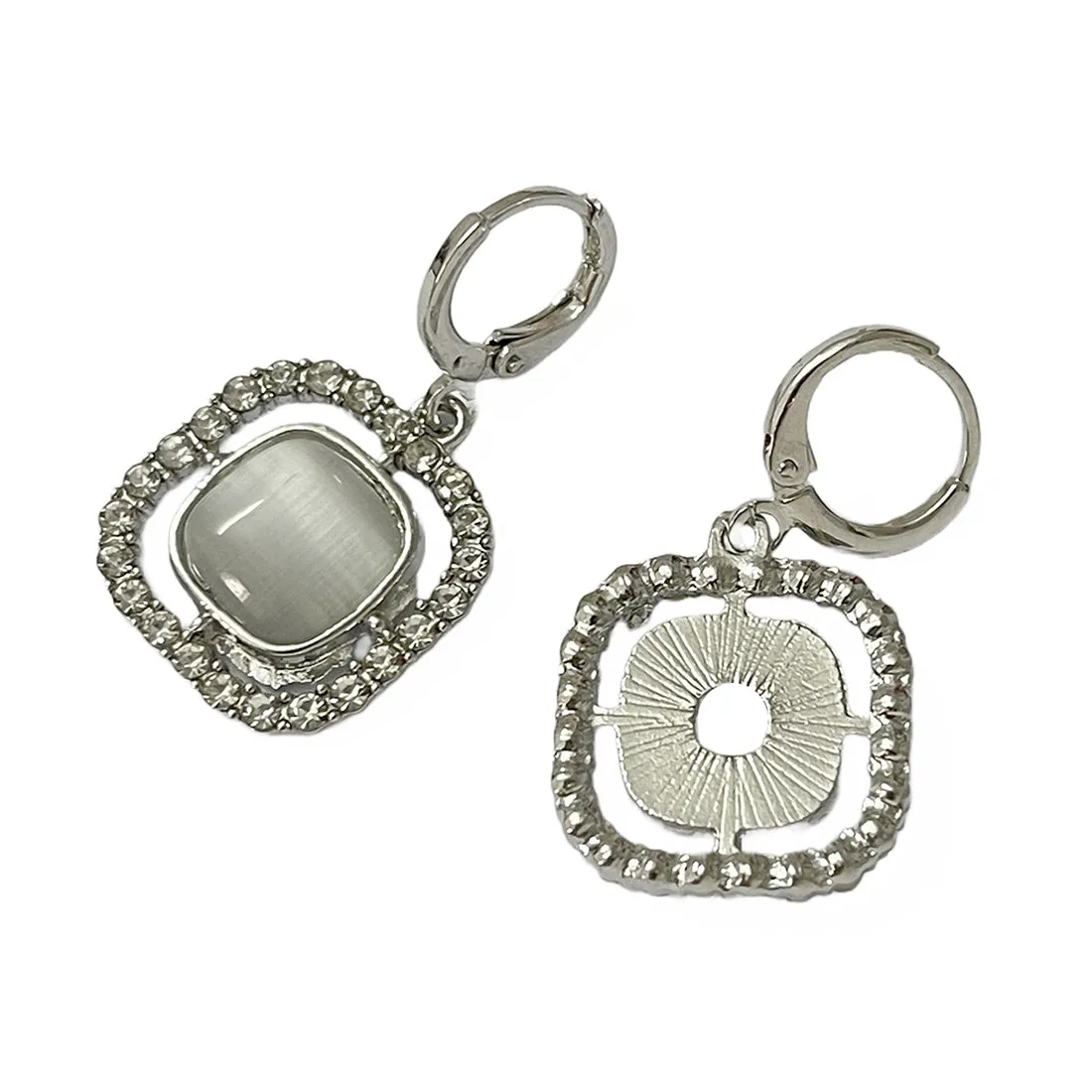 Square White Moonstone With Diamante Studs Silver-Toned Hoop Drop Earrings