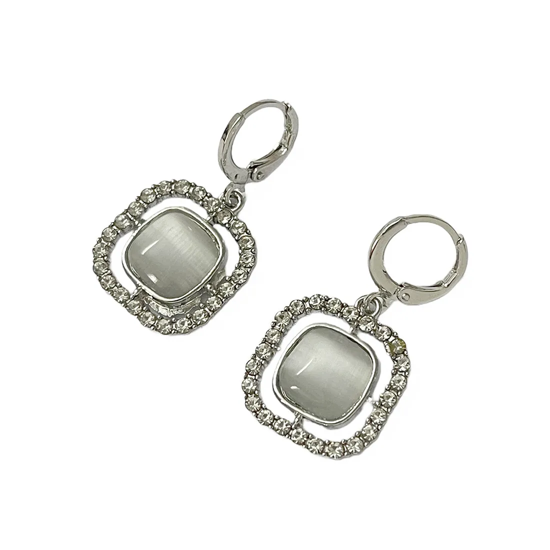 Square White Moonstone With Diamante Studs Silver-Toned Hoop Drop Earrings