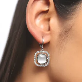 Square White Moonstone With Diamante Studs Silver-Toned Hoop Drop Earrings