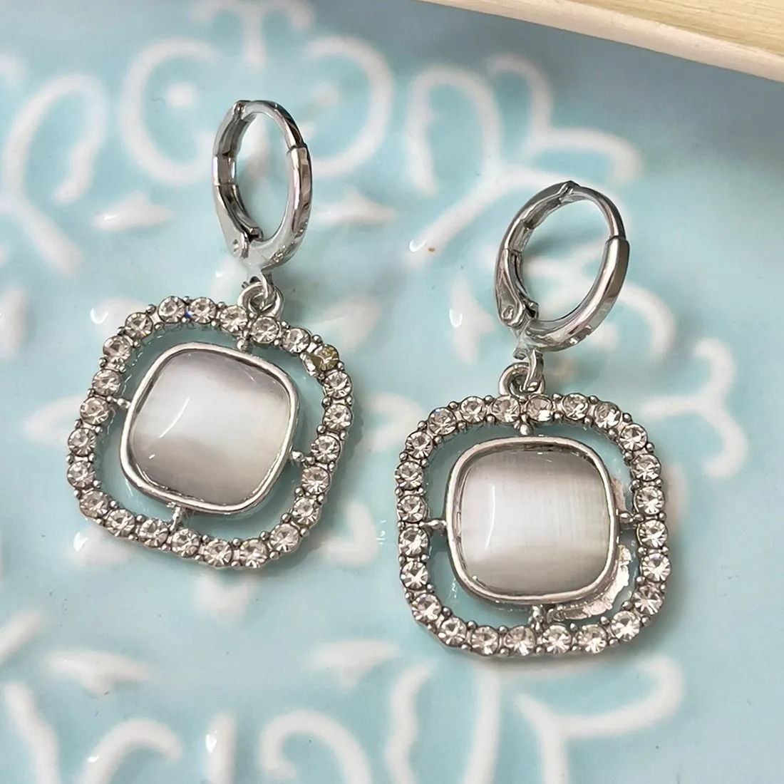 Square White Moonstone With Diamante Studs Silver-Toned Hoop Drop Earrings