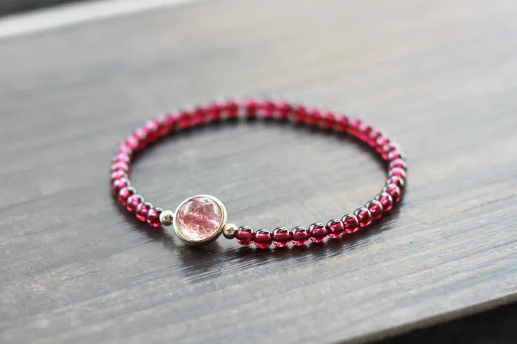 Sterling Silver Garnet Strawberry Quartz Beaded Bracelet Unique Handmade Jewelry Women