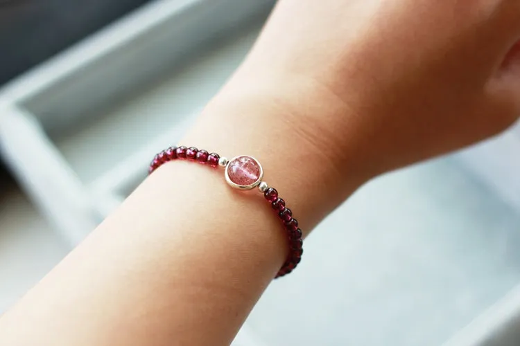 Sterling Silver Garnet Strawberry Quartz Beaded Bracelet Unique Handmade Jewelry Women