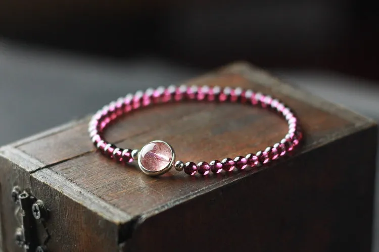 Sterling Silver Garnet Strawberry Quartz Beaded Bracelet Unique Handmade Jewelry Women