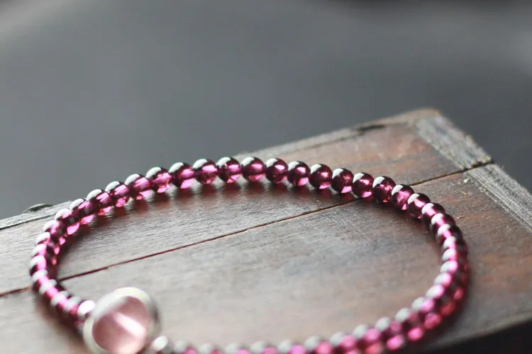 Sterling Silver Garnet Strawberry Quartz Beaded Bracelet Unique Handmade Jewelry Women