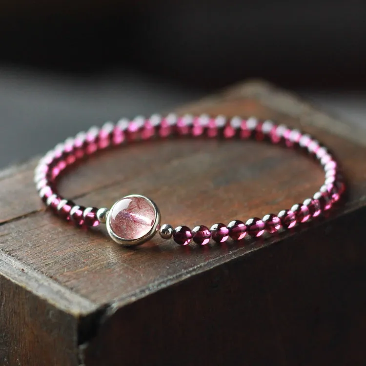 Sterling Silver Garnet Strawberry Quartz Beaded Bracelet Unique Handmade Jewelry Women
