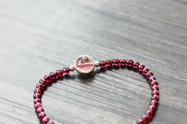 Sterling Silver Garnet Strawberry Quartz Beaded Bracelet Unique Handmade Jewelry Women