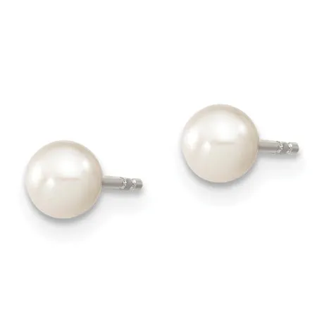 Sterling Silver Rhodium Plated 4-5mm White Round Freshwater Cultured Pearl Post Stud Earrings