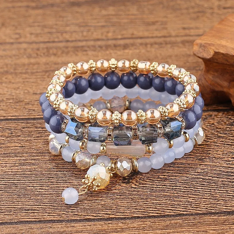 Summer Blue Multilayer Elastic Bracelets Bangles For Women Bohemian Colorful Glass Beads Bracelets Trendy Femme Gift Jewelry