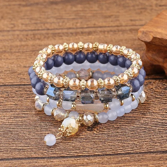 Summer Blue Multilayer Elastic Bracelets Bangles For Women Bohemian Colorful Glass Beads Bracelets Trendy Femme Gift Jewelry