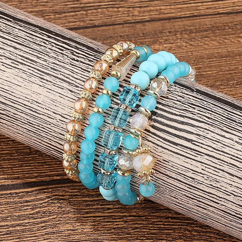 Summer Blue Multilayer Elastic Bracelets Bangles For Women Bohemian Colorful Glass Beads Bracelets Trendy Femme Gift Jewelry