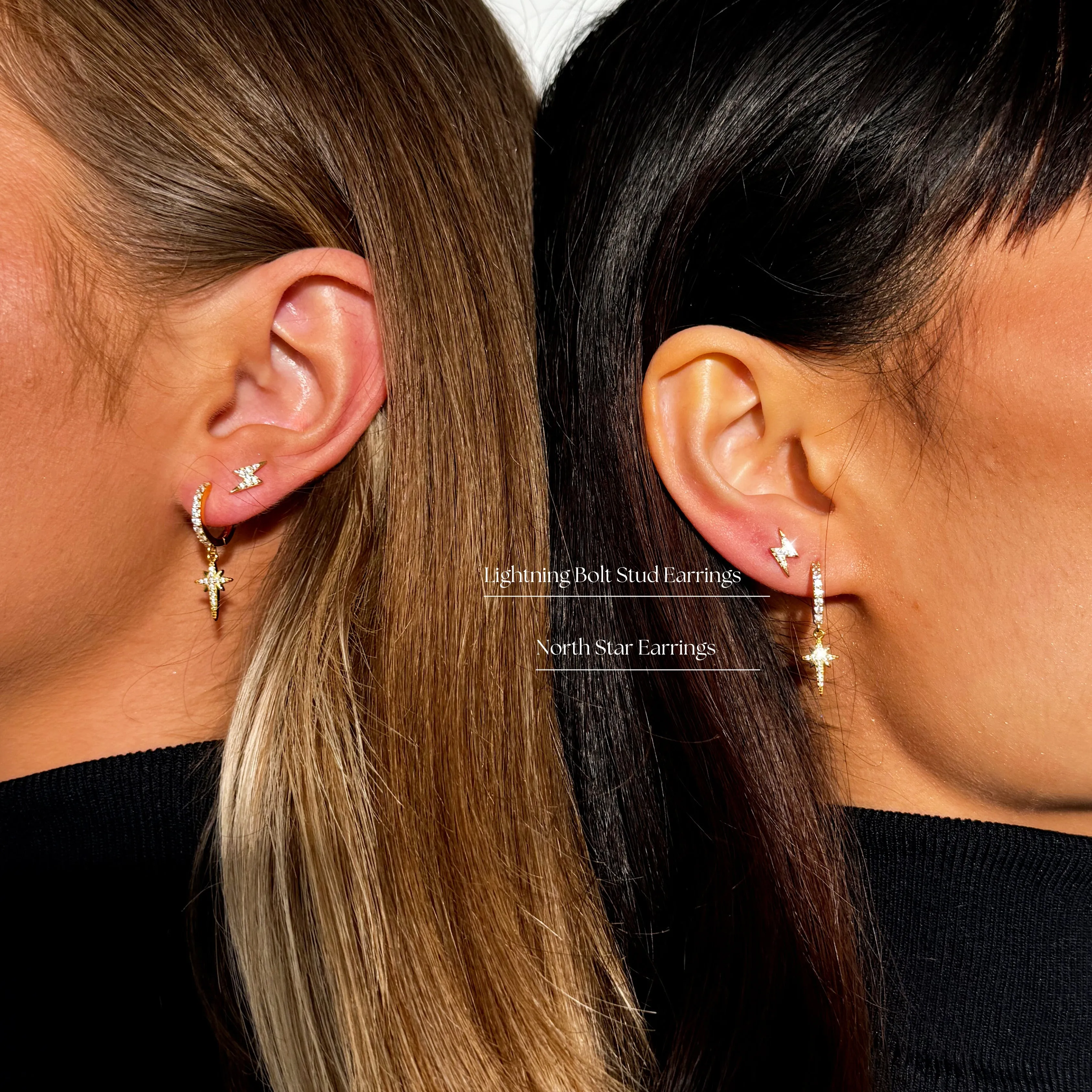 The North Star Earring & Lightning Bolt Stacking Set in Gold