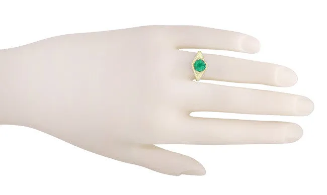 Vintage Style Regal Crown Emerald Engagement Ring in 14 Karat Yellow Gold