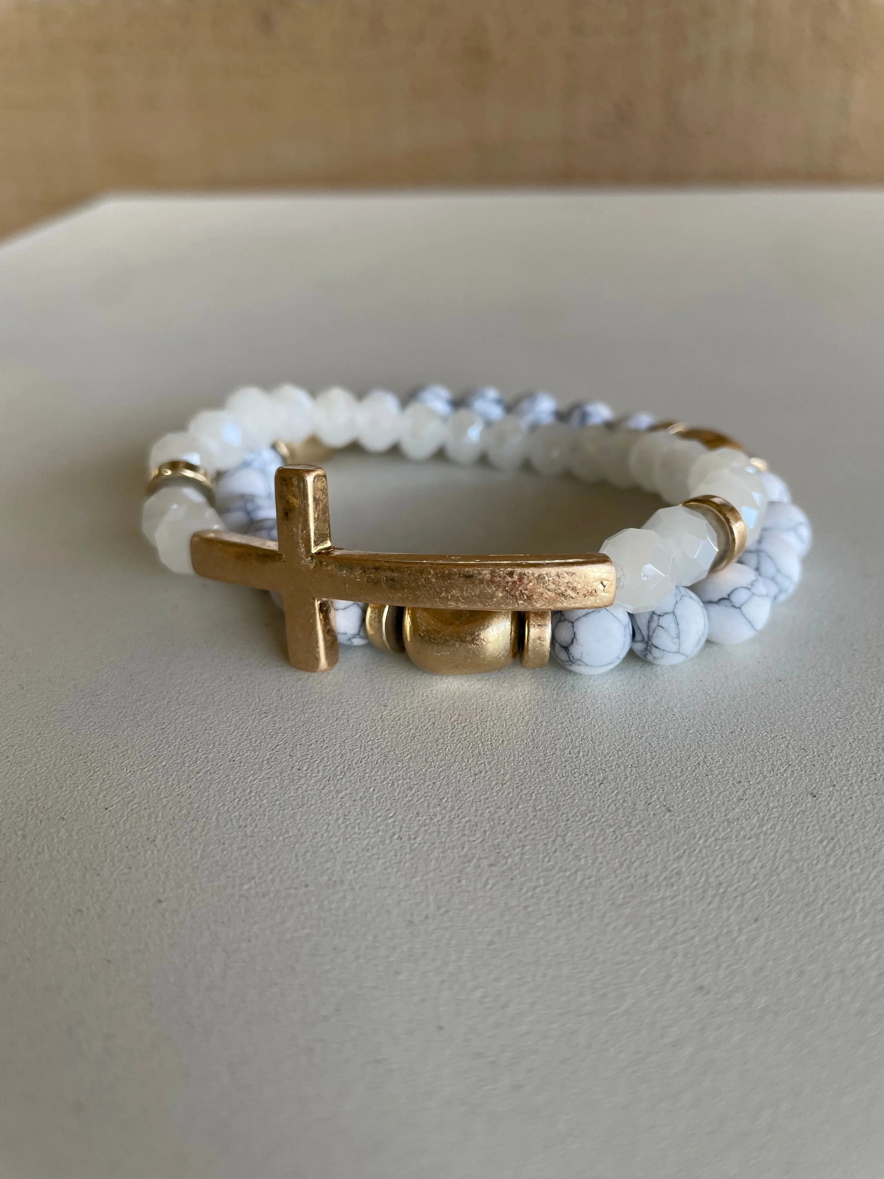 White Natural Stone & Gold Beads w/Cross Set of 2 Stretch Bracelets