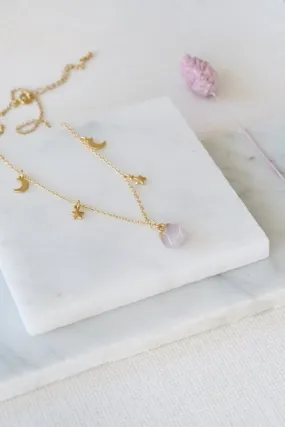 Xander Kostroma - Gold Tone Rose Quartz Moon & Star Pendant Necklace for Women - 42cm Length Chain - Enhances Love and Inner Healing - Handcrafted Unique Jewelry - Perfect Gift for Elegance and Harmony